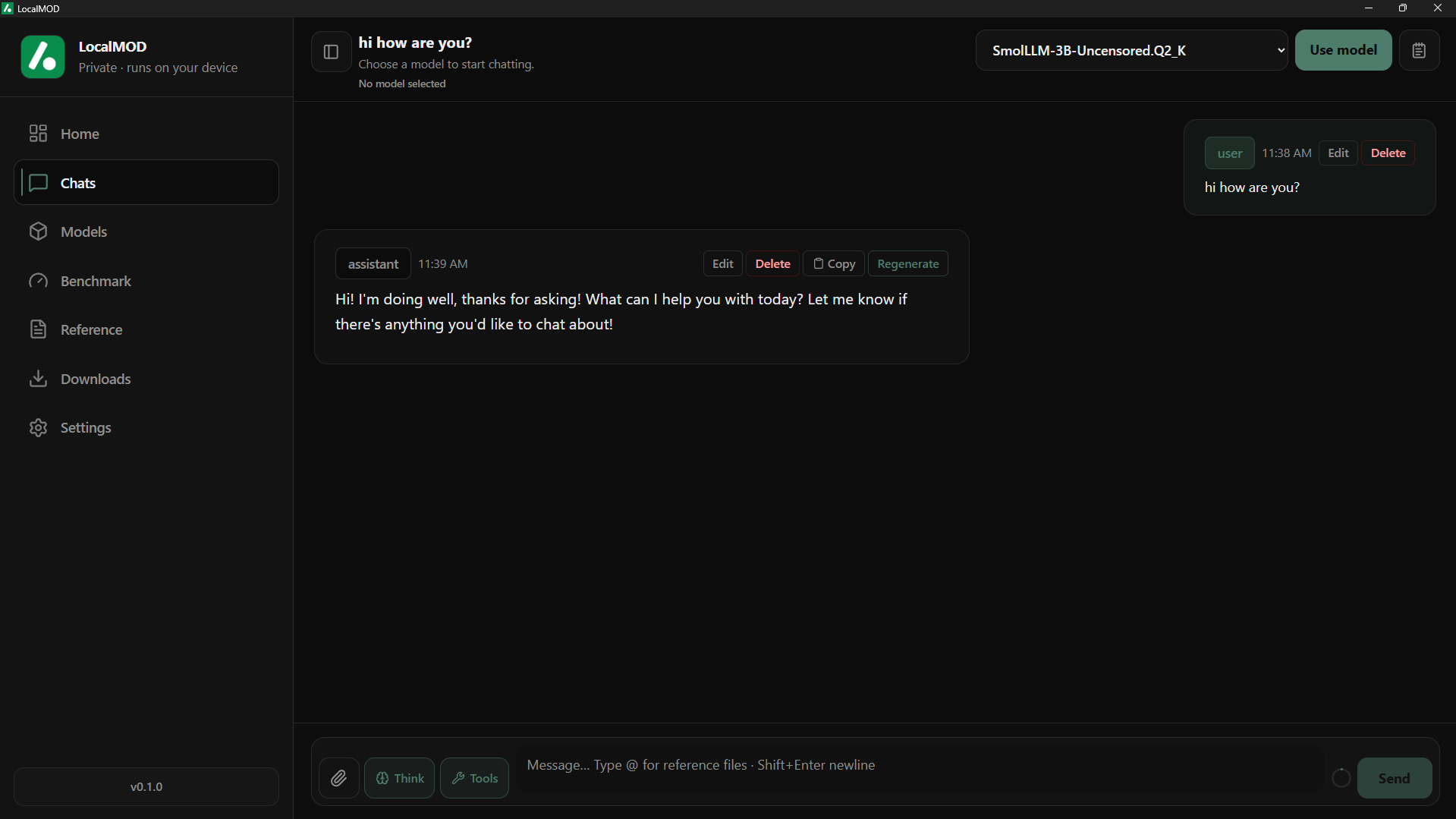 LocalMOD desktop app showing the chat interface